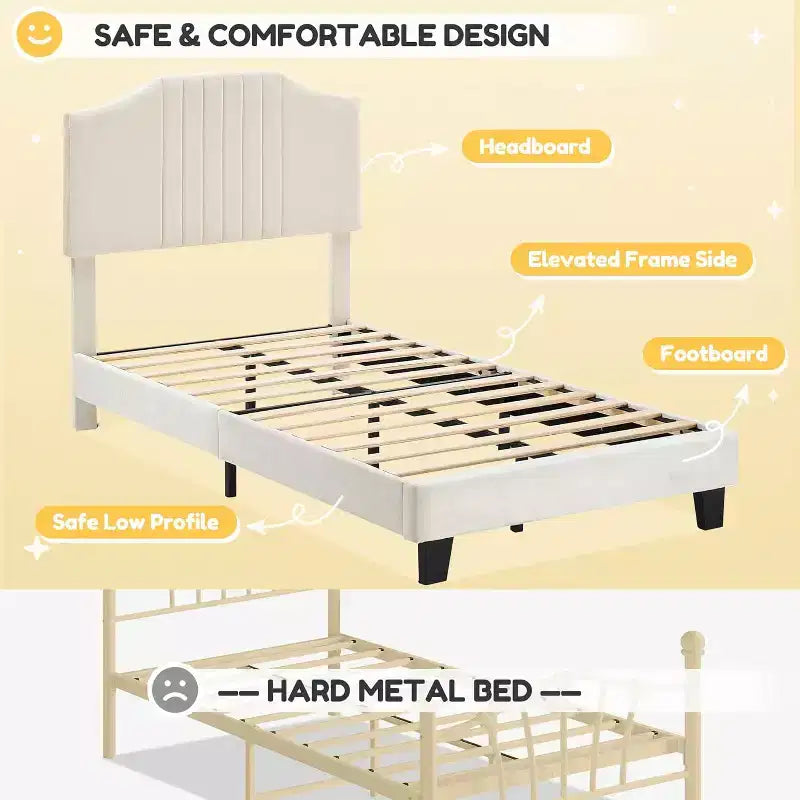 Lit double pour enfant de taille plus beige, tête de lit robuste en velours, lattes en bois de chêne, résistant aux grincements, pas besoin de sommier tapissier, assemblage facile