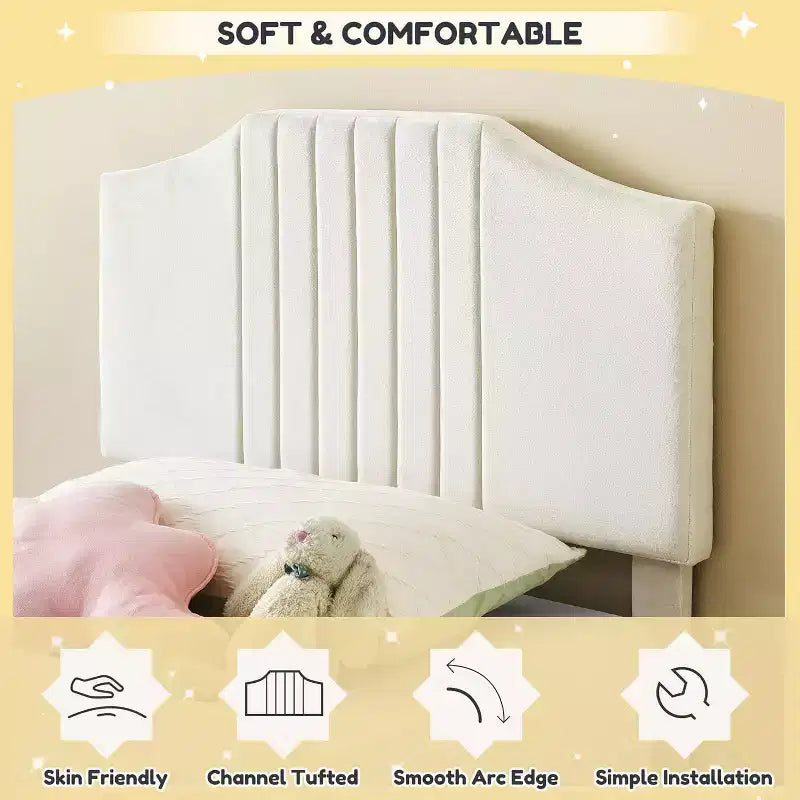 Lit double pour enfant de taille plus beige, tête de lit robuste en velours, lattes en bois de chêne, résistant aux grincements, pas besoin de sommier tapissier, assemblage facile