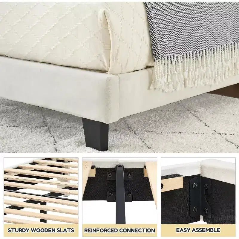 Lit double pour enfant de taille plus beige, tête de lit robuste en velours, lattes en bois de chêne, résistant aux grincements, pas besoin de sommier tapissier, assemblage facile