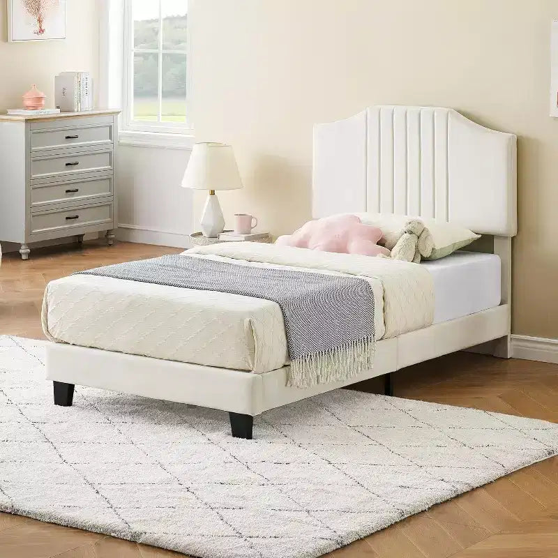 Lit double pour enfant de taille plus beige, tête de lit robuste en velours, lattes en bois de chêne, résistant aux grincements, pas besoin de sommier tapissier, assemblage facile