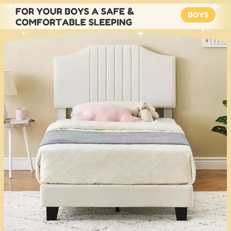 Lit double pour enfant de taille plus beige, tête de lit robuste en velours, lattes en bois de chêne, résistant aux grincements, pas besoin de sommier tapissier, assemblage facile