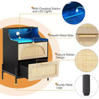 Table de chevet en rotin avec station de charge et lumières LED, table de chevet à 2 tiroirs, table d'appoint de rangement pour chambre à coucher, salon, noir