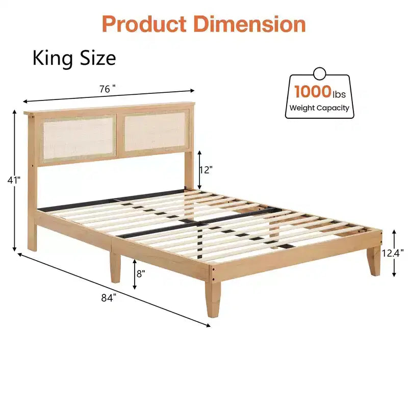 Lit King en rotin, tête de lit en rotin naturel avec lumières LED, cadre de lit plateforme silencieux avec pieds et lattes en bois