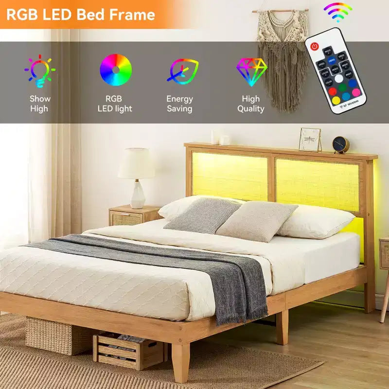 Lit King en rotin, tête de lit en rotin naturel avec lumières LED, cadre de lit plateforme silencieux avec pieds et lattes en bois