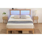 Lit King en rotin, tête de lit en rotin naturel avec lumières LED, cadre de lit plateforme silencieux avec pieds et lattes en bois