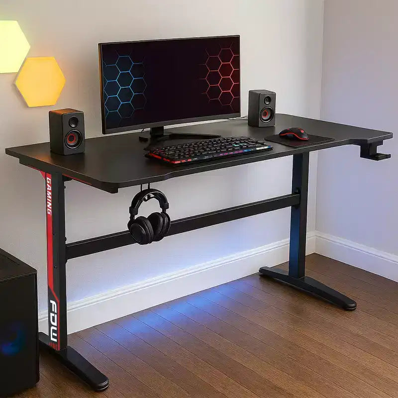 Bureau d'ordinateur de 47 pouces, bureau de gaming, bureau d'écriture, bureau en T, avec porte-gobelet intégré, rouge