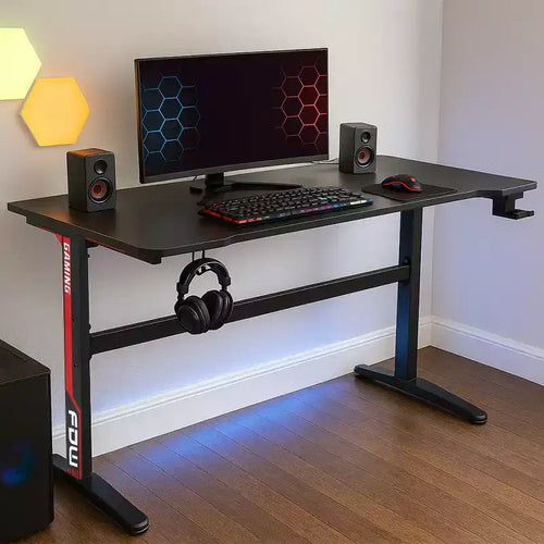 Bureau d'ordinateur de 47 pouces, bureau de gaming, bureau d'écriture, bureau en T, avec porte-gobelet intégré, rouge