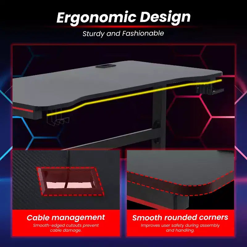 Bureau d'ordinateur de 47 pouces, bureau de gaming, bureau d'écriture, bureau en T, avec porte-gobelet intégré, rouge