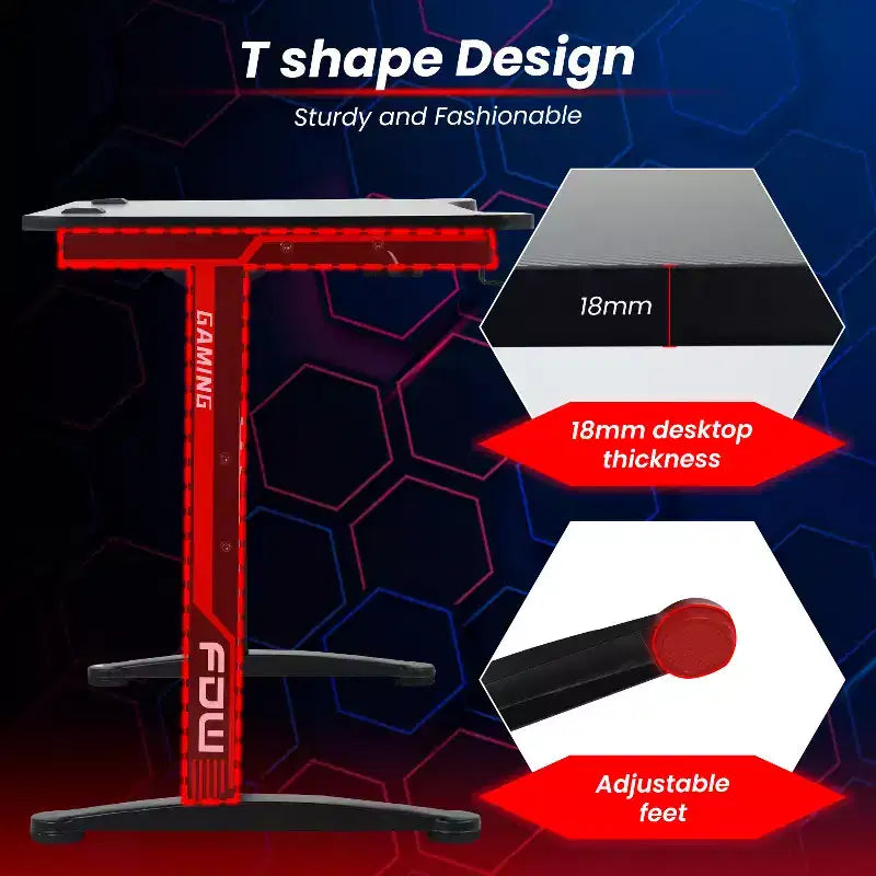 Bureau d'ordinateur de 47 pouces, bureau de gaming, bureau d'écriture, bureau en T, avec porte-gobelet intégré, rouge