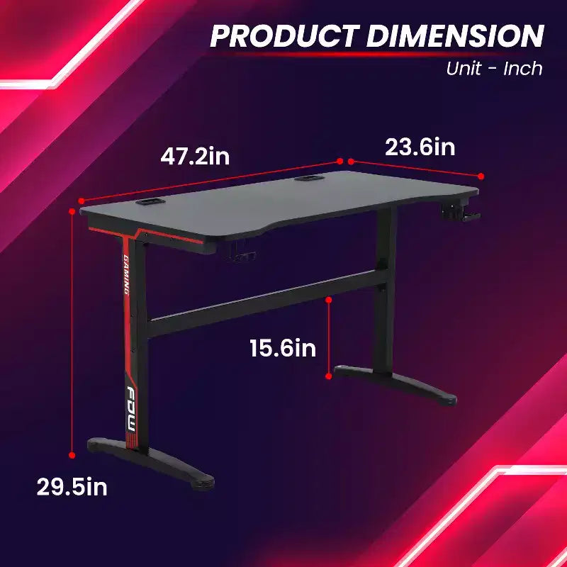 Bureau d'ordinateur de 47 pouces, bureau de gaming, bureau d'écriture, bureau en T, avec porte-gobelet intégré, rouge