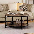 Table basse ronde, table basse avec étagère de rangement, table basse avec pieds métalliques robustes, style rétro