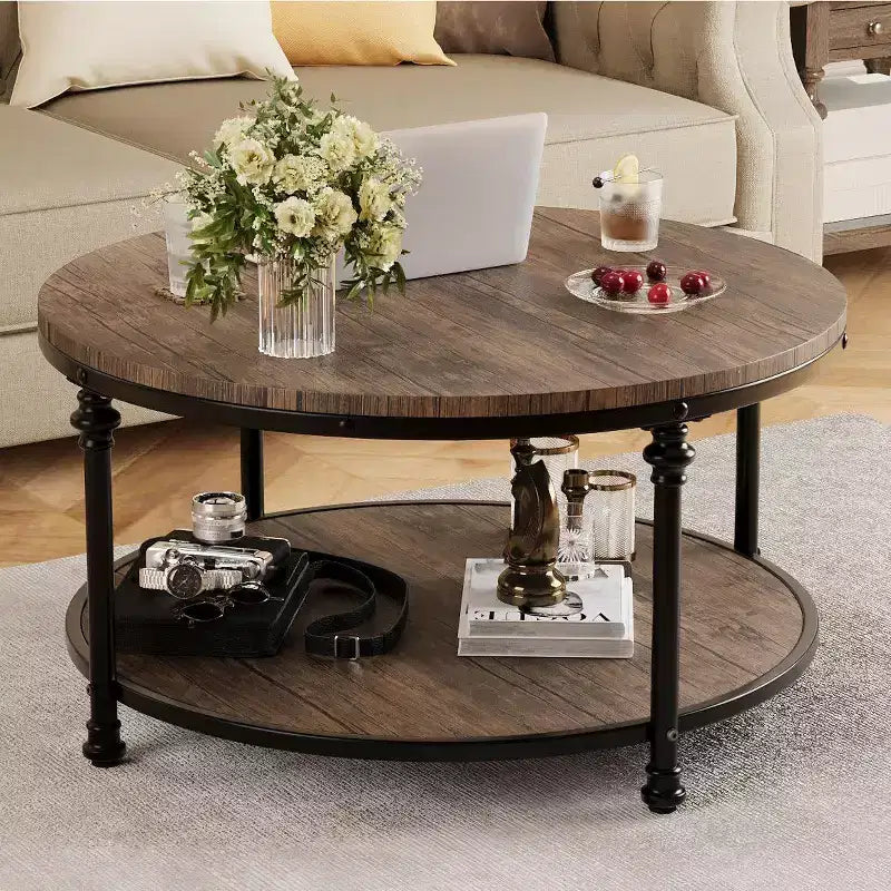 Table basse ronde, table basse avec étagère de rangement, table basse avec pieds métalliques robustes, style rétro