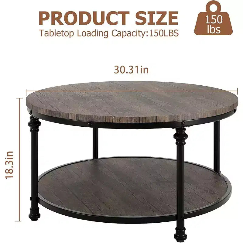 Table basse ronde, table basse avec étagère de rangement, table basse avec pieds métalliques robustes, style rétro