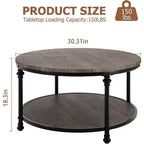 Table basse ronde, table basse avec étagère de rangement, table basse avec pieds métalliques robustes, style rétro