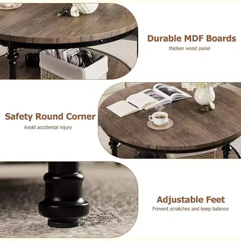 Table basse ronde, table basse avec étagère de rangement, table basse avec pieds métalliques robustes, style rétro