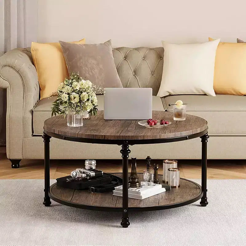 Table basse ronde, table basse avec étagère de rangement, table basse avec pieds métalliques robustes, style rétro