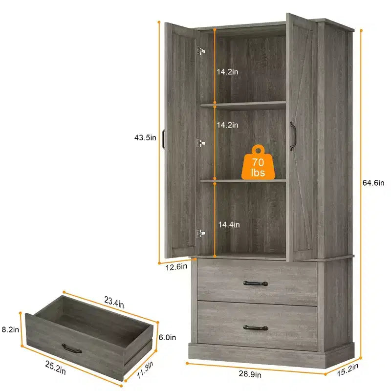 Meuble de garde-manger de cuisine avec 2 tiroirs, armoire de rangement haute de style rustique, meuble de rangement alimentaire en bois
