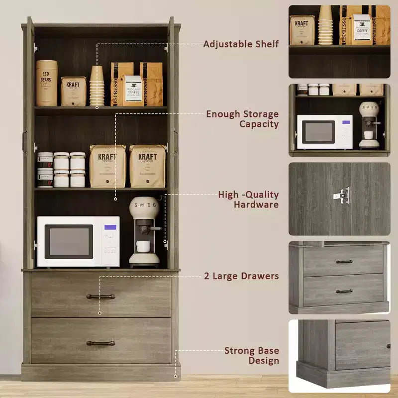 Meuble de garde-manger de cuisine avec 2 tiroirs, armoire de rangement haute de style rustique, meuble de rangement alimentaire en bois