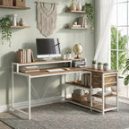 Bureau d'angle en L avec support pour écran, tiroirs et étagères de rangement
