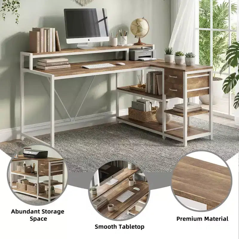 Bureau d'angle en L avec support pour écran, tiroirs et étagères de rangement