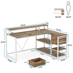 Bureau d'angle en L avec support pour écran, tiroirs et étagères de rangement