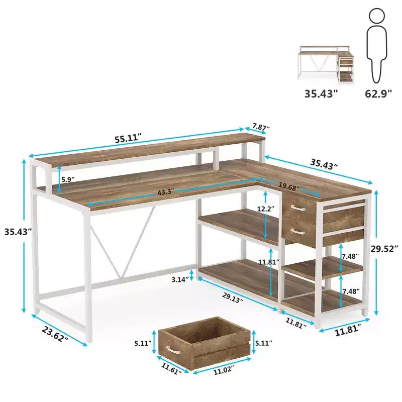 Bureau d'angle en L avec support pour écran, tiroirs et étagères de rangement