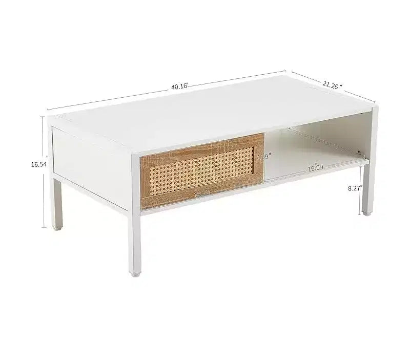 Table Basse Rectangulaire de Salon, Meuble d'appoint en Bois avec Porte Coulissante, Étagère de Rangement Ouverte et Pieds en Métal, pour Canapé et Salon