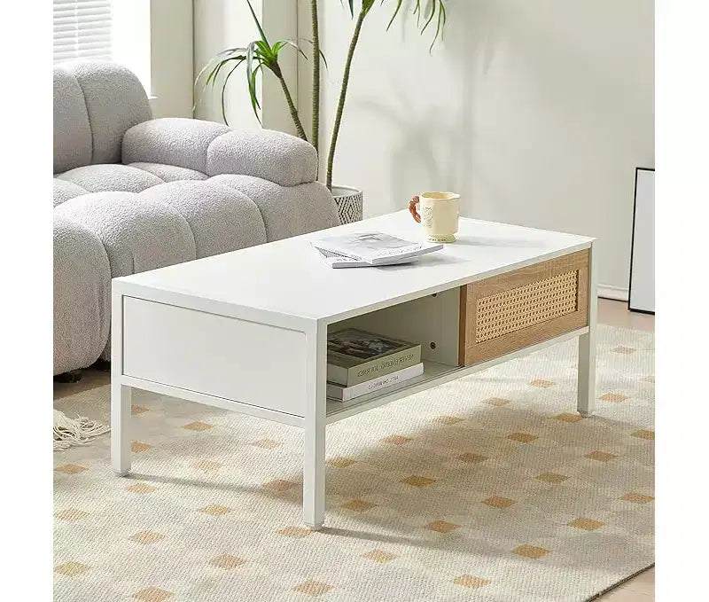 Table Basse Rectangulaire de Salon, Meuble d'appoint en Bois avec Porte Coulissante, Étagère de Rangement Ouverte et Pieds en Métal, pour Canapé et Salon