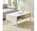 Table Basse Rectangulaire de Salon, Meuble d'appoint en Bois avec Porte Coulissante, Étagère de Rangement Ouverte et Pieds en Métal, pour Canapé et Salon