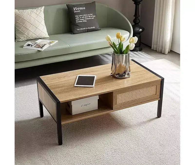 Table Basse Rectangulaire de Salon, Meuble d'appoint en Bois avec Porte Coulissante, Étagère de Rangement Ouverte et Pieds en Métal, pour Canapé et Salon