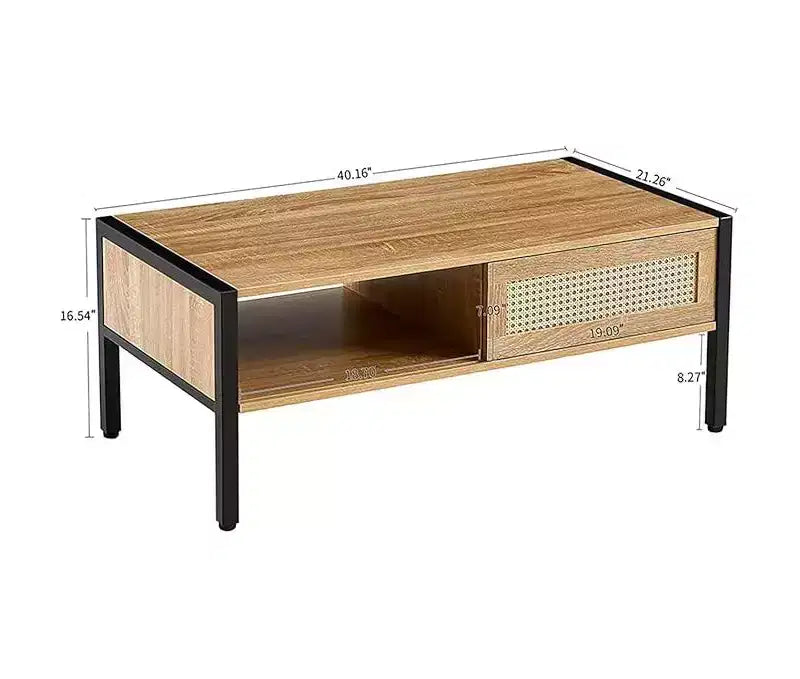 Table Basse Rectangulaire de Salon, Meuble d'appoint en Bois avec Porte Coulissante, Étagère de Rangement Ouverte et Pieds en Métal, pour Canapé et Salon