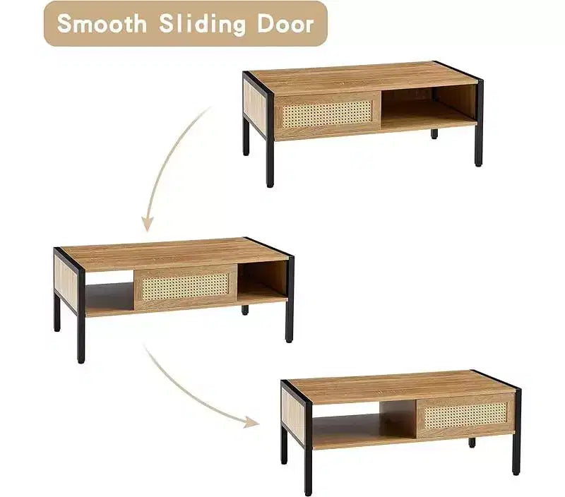 Table Basse Rectangulaire de Salon, Meuble d'appoint en Bois avec Porte Coulissante, Étagère de Rangement Ouverte et Pieds en Métal, pour Canapé et Salon