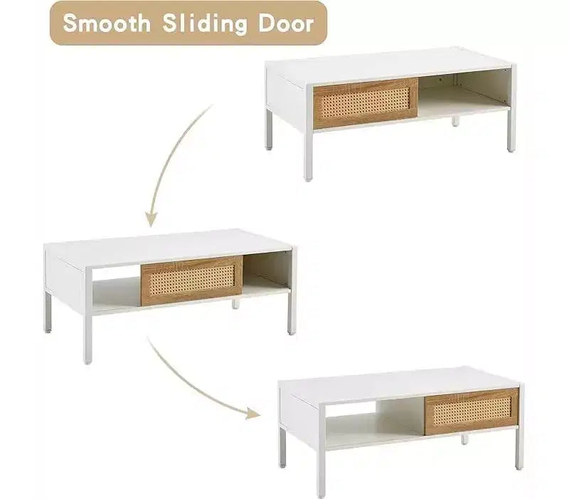 Table Basse Rectangulaire de Salon, Meuble d'appoint en Bois avec Porte Coulissante, Étagère de Rangement Ouverte et Pieds en Métal, pour Canapé et Salon