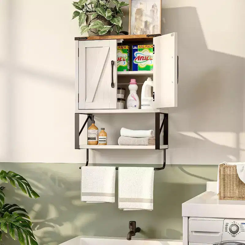 Armoire murale de salle de bain avec porte-serviettes, petite armoire à pharmacie de style rustique pour rangement au-dessus des toilettes, blanc et marron