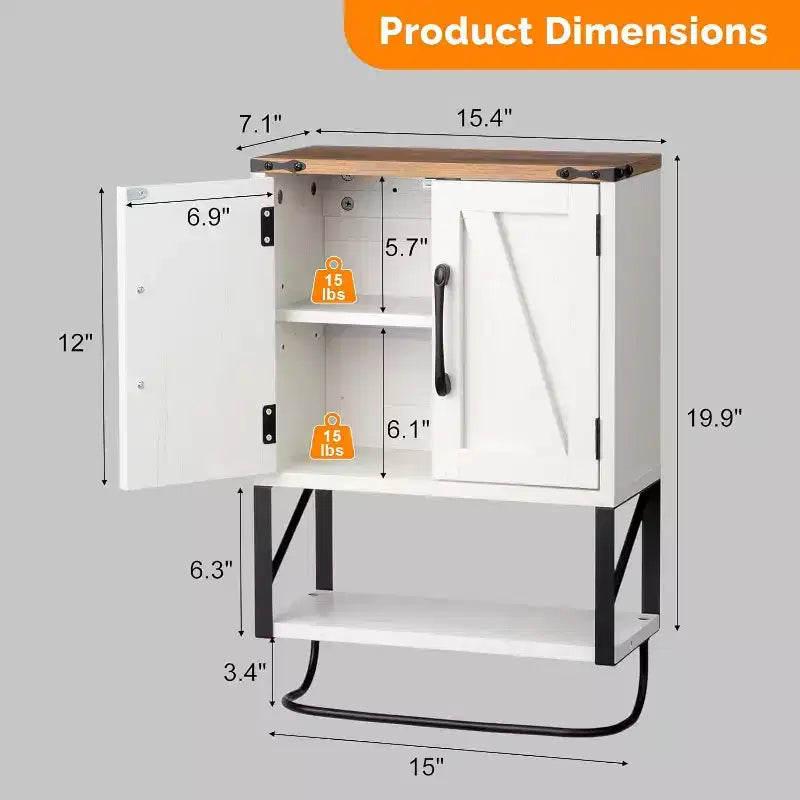 Armoire murale de salle de bain avec porte-serviettes, petite armoire à pharmacie de style rustique pour rangement au-dessus des toilettes, blanc et marron