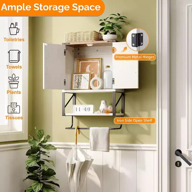Armoire murale de salle de bain avec porte-serviettes, petite armoire à pharmacie de style rustique pour rangement au-dessus des toilettes, blanc et marron