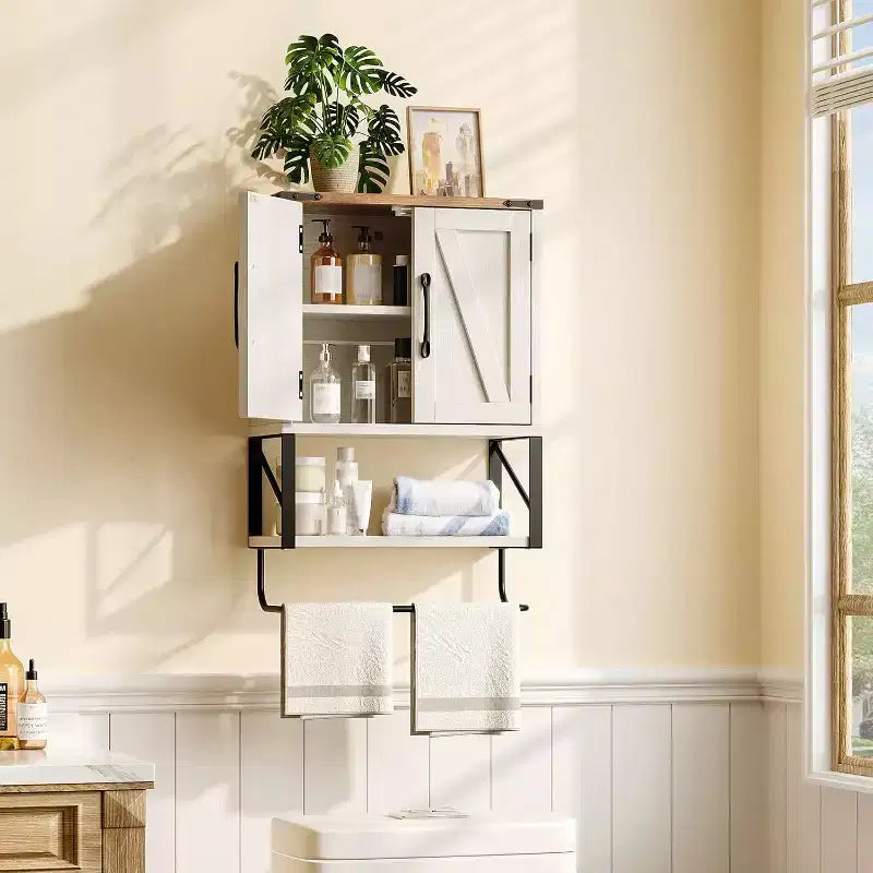 Armoire murale de salle de bain avec porte-serviettes, petite armoire à pharmacie de style rustique pour rangement au-dessus des toilettes, blanc et marron