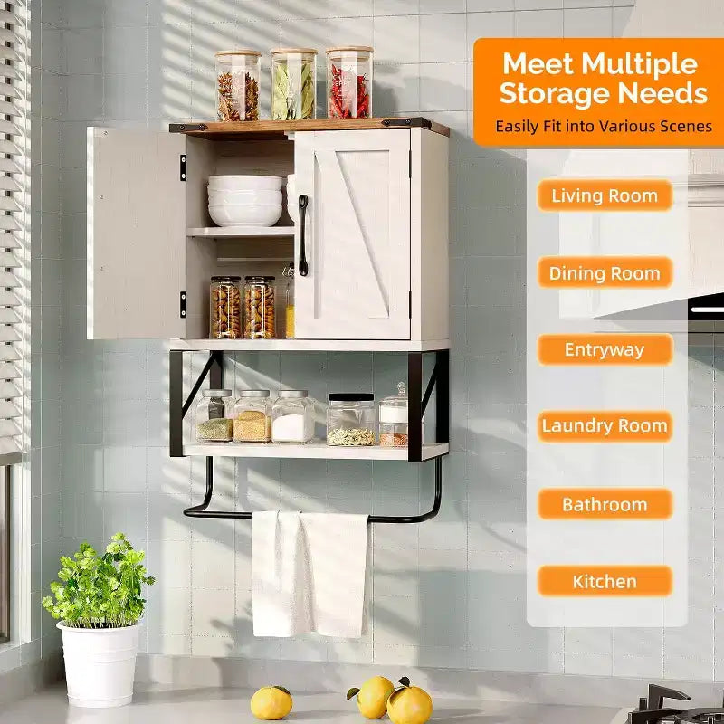 Armoire murale de salle de bain avec porte-serviettes, petite armoire à pharmacie de style rustique pour rangement au-dessus des toilettes, blanc et marron