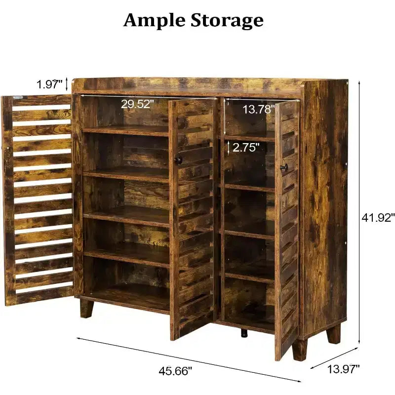 Grand meuble à chaussures haut avec 3 portes, organisateur de chaussures ultra-large à 6 niveaux pour entrée, 30 paires de chaussures, Marron rustique