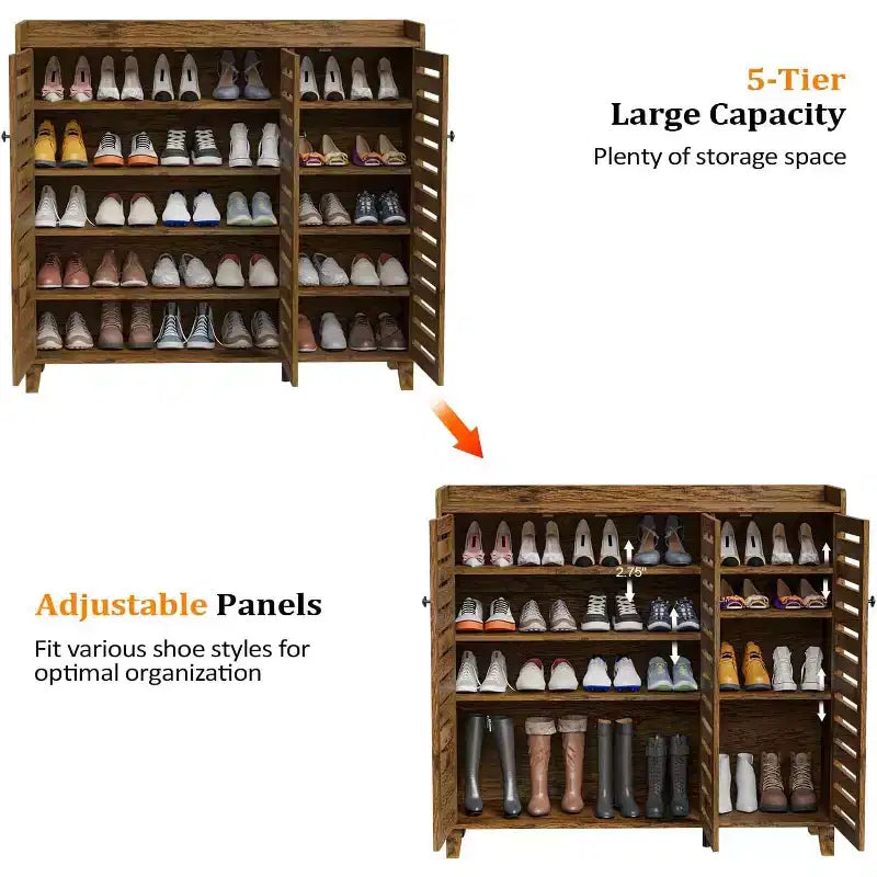 Grand meuble à chaussures haut avec 3 portes, organisateur de chaussures ultra-large à 6 niveaux pour entrée, 30 paires de chaussures, Marron rustique