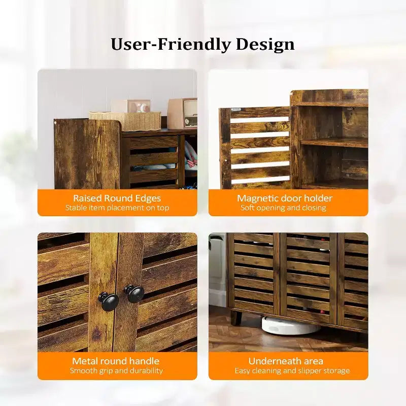 Grand meuble à chaussures haut avec 3 portes, organisateur de chaussures ultra-large à 6 niveaux pour entrée, 30 paires de chaussures, Marron rustique