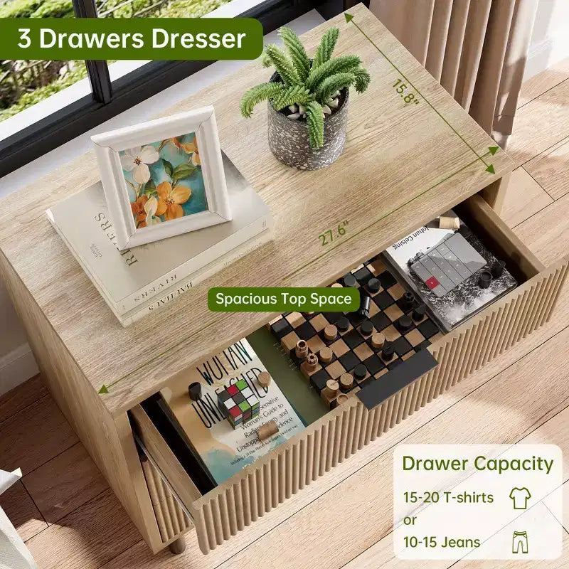 Commode cannelée à 3 tiroirs, large commode en bois, organisateur de tiroirs avec pieds en métal et dispositif anti-basculement