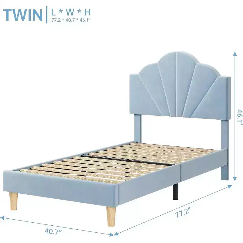 Cadre de lit simple, plateforme tapissée de velours avec tête de lit réglable, lattes en bois, assemblage facile, pas besoin de sommier, bleu clair