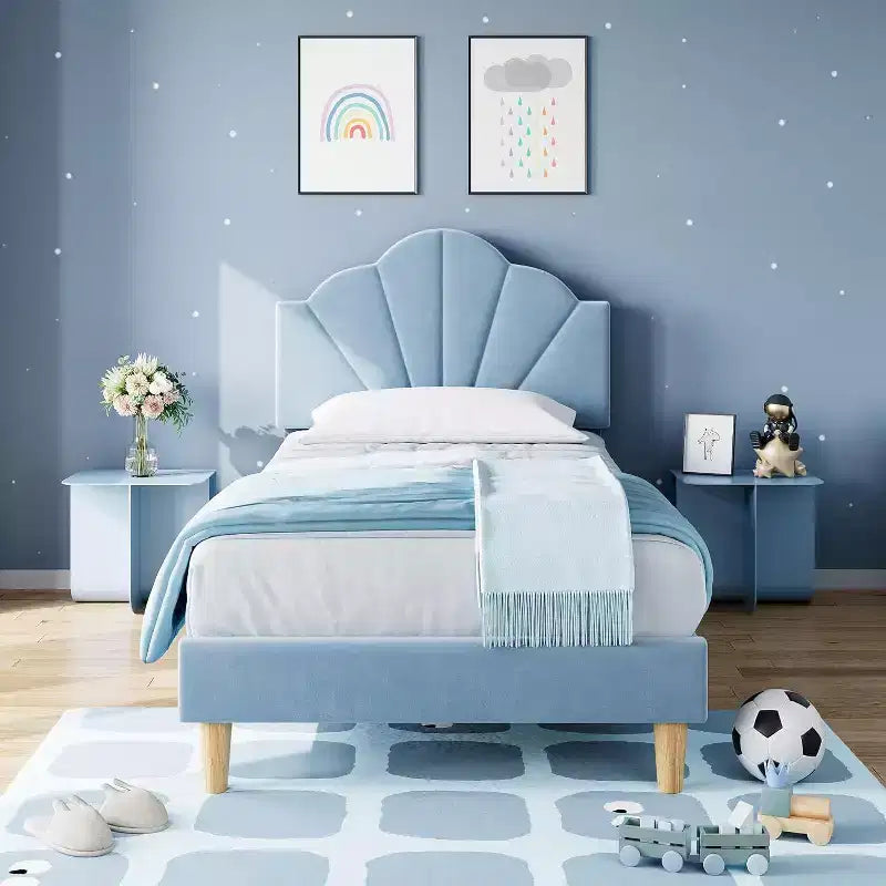 Cadre de lit simple, plateforme tapissée de velours avec tête de lit réglable, lattes en bois, assemblage facile, pas besoin de sommier, bleu clair
