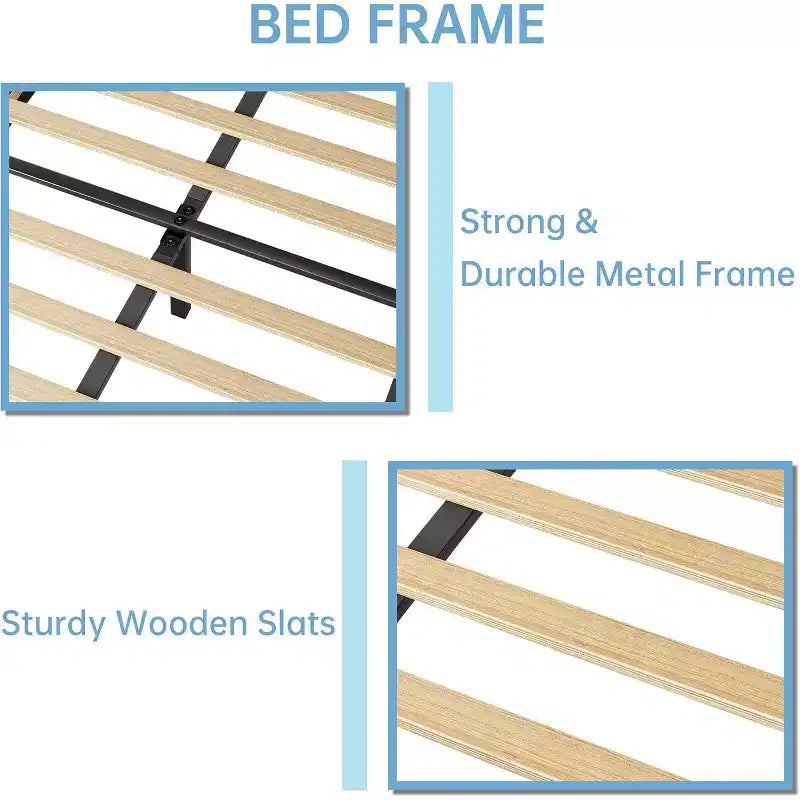 Cadre de lit simple, plateforme tapissée de velours avec tête de lit réglable, lattes en bois, assemblage facile, pas besoin de sommier, bleu clair