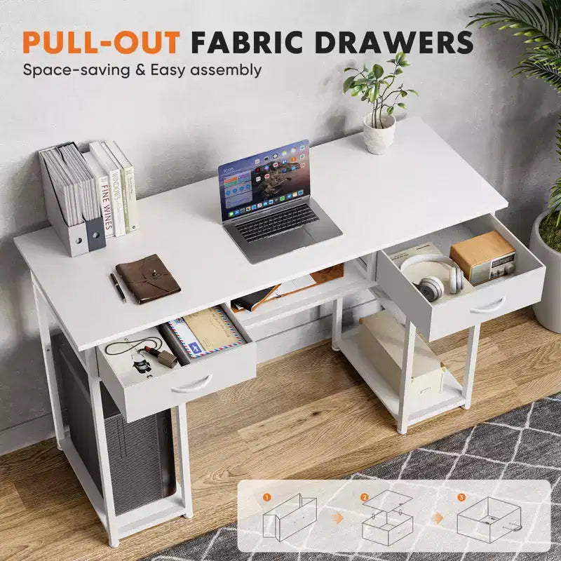 Bureau d'ordinateur avec tiroirs en tissu, bureau à domicile avec étagères de rangement, table de travail/d'étude moderne pour chambre à coucher avec pieds réglables