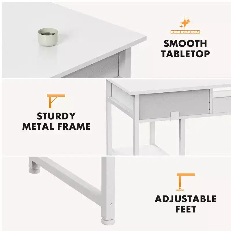 Bureau d'ordinateur avec tiroirs en tissu, bureau à domicile avec étagères de rangement, table de travail/d'étude moderne pour chambre à coucher avec pieds réglables