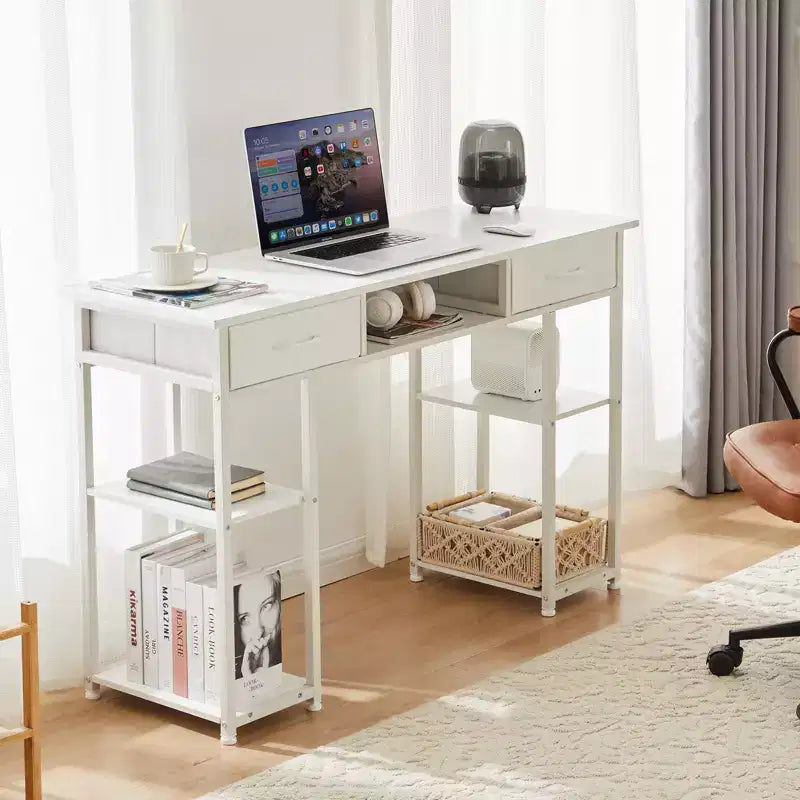 Bureau d'ordinateur avec tiroirs en tissu, bureau à domicile avec étagères de rangement, table de travail/d'étude moderne pour chambre à coucher avec pieds réglables