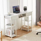Bureau d'ordinateur avec tiroirs en tissu, bureau à domicile avec étagères de rangement, table de travail/d'étude moderne pour chambre à coucher avec pieds réglables