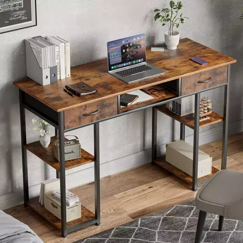 Bureau d'ordinateur avec tiroirs en tissu, bureau à domicile avec étagères de rangement, table de travail/d'étude moderne pour chambre à coucher avec pieds réglables